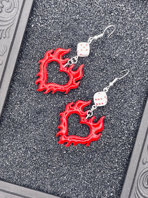 Tattoo Love Flaming Heart Dice Earrings