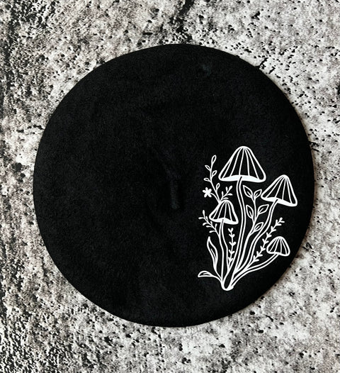 Vegan Felt Beret - Black - Mushrooms