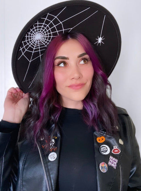 Vegan Felt Hat - XL Brim - Hanging Spider Web