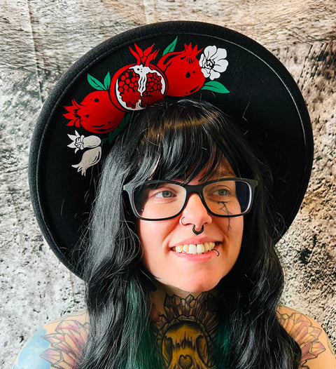 Vegan Felt Wide Brim Hat - XL Brim - Pomegranates