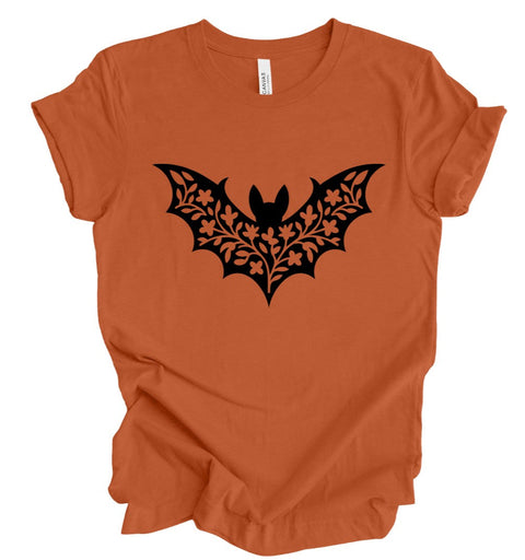 Floral Bat Silhouette T-Shirt: Pumpkin
