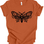 An orange short-sleeve crewneck t-shirt with a black decorative moth graphic printed on the chest, displayed flat against a white background.