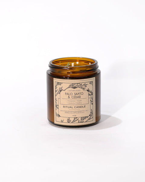 Palo Santo Cedar Ritual Candle with Quartz and Herbs