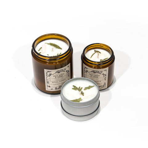 Palo Santo Cedar Ritual Candle with Quartz and Herbs