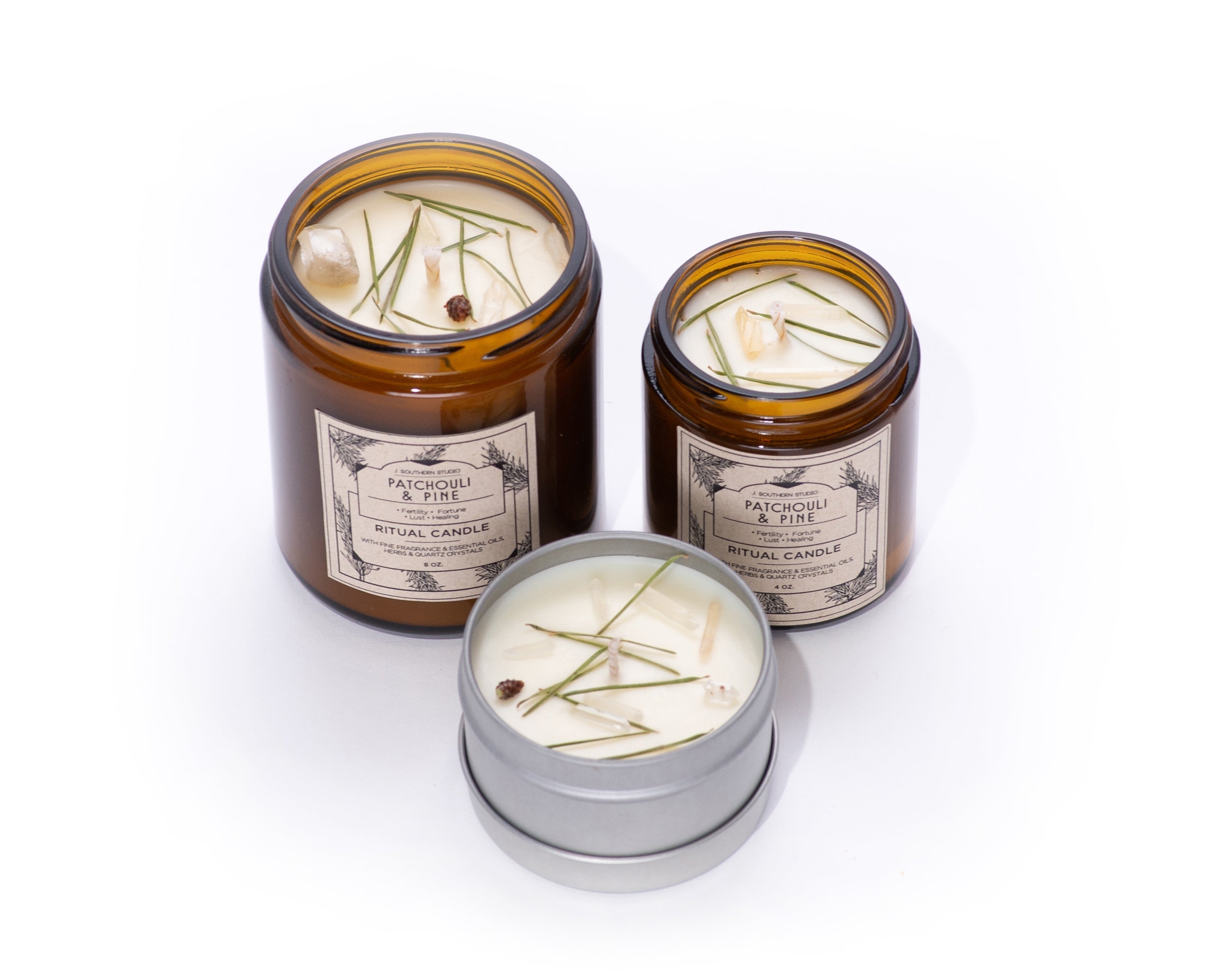 Patchouli & Pine Ritual Candle with Quartz and Herbs