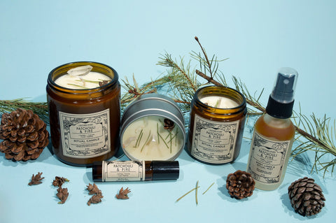 Patchouli & Pine Ritual Candle with Quartz and Herbs
