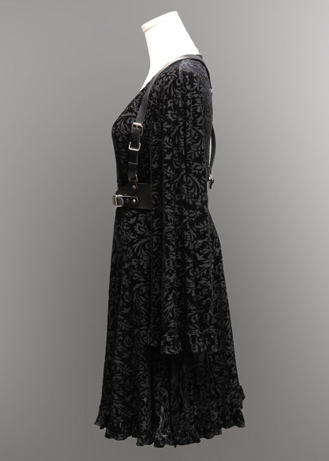 Nyx - Bell Sleeved Velvet Damask Dress with Harness