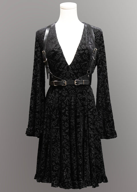 Nyx - Bell Sleeved Velvet Damask Dress with Harness