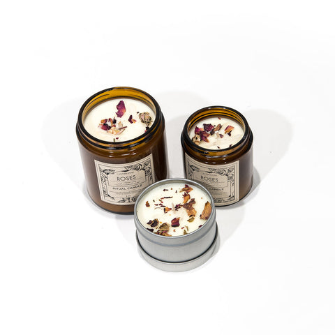 Roses Ritual Candle with Quartz and Herbs