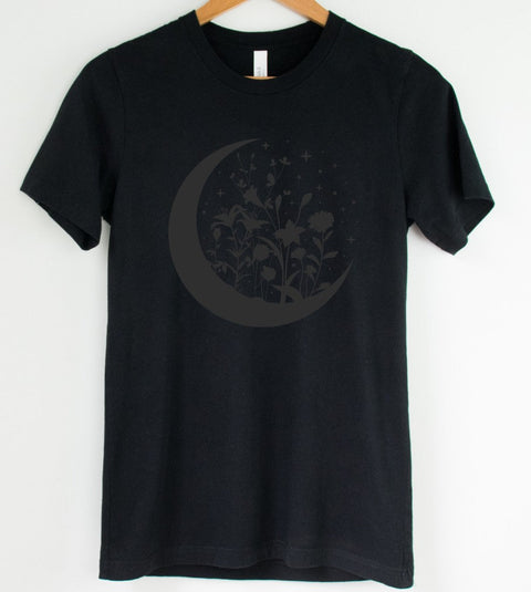 Black on Black Floral Moon: T-Shirt, Pullover, Hoodie, Tank or Long Sleeve