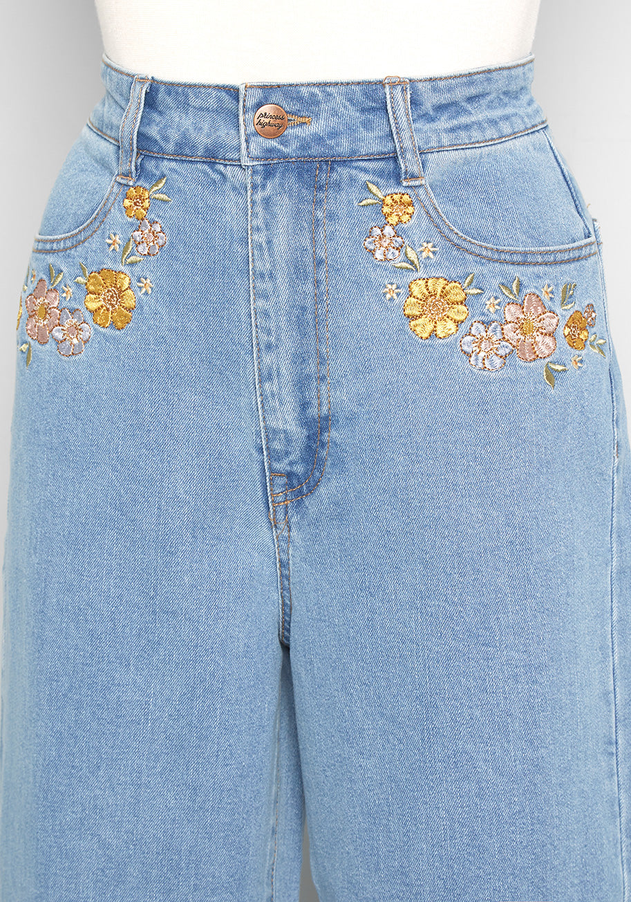 Dalliance Of Daisies Embroidered WideLeg Jeans ModCloth