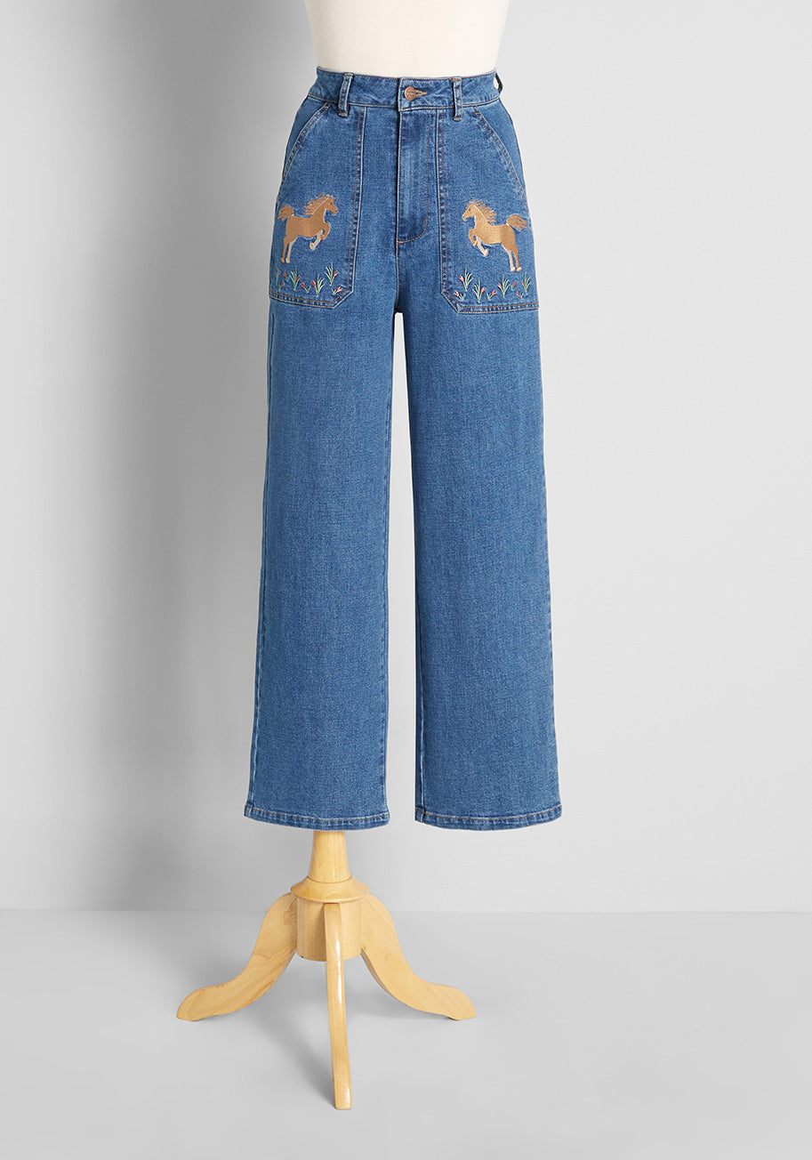 【mnem】Embroidered Patch Wide Denim John Mark Stretch-Denim Embroidered Wide Leg Lace Hem Ankle